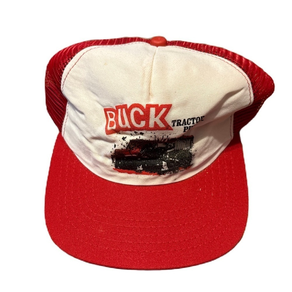 Vintage 80s 90s Buck Tractor Pulls Red Snapback Mesh Trucker Hat Cap
